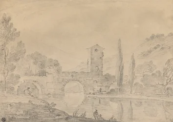 Italienische Landschaft mit dreibogiger Brücke, Brückenhaus, Figuren am nahen Ufer und Pappeln am fernen Ufer
